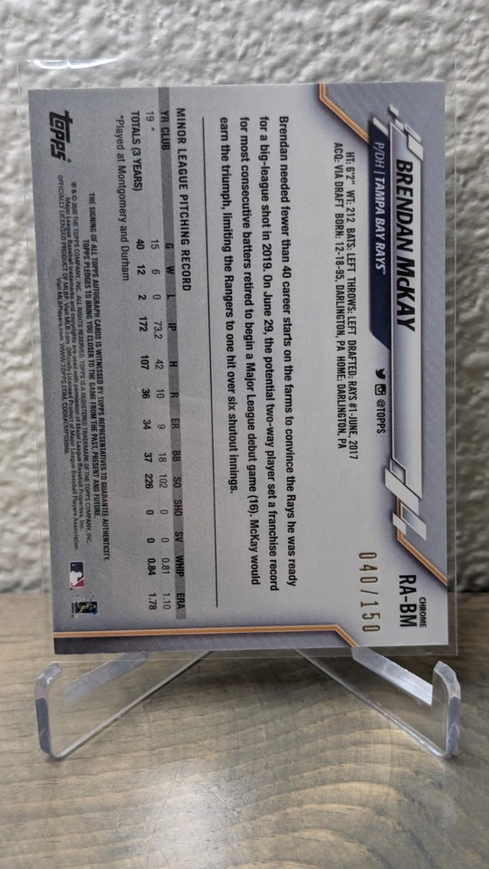 BRENDAN MCKAY 2020 Topps Chrome Rookie Auto BLUE REFRACTOR RC /150 Rays #RA-BM - Image 2 of 2