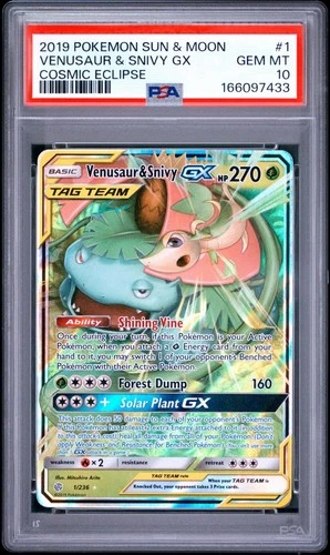 2019 POKEMON SUN & MOON COSMIC ECLIPSE #1 VENUSAUR & SNIVY GX PSA 10