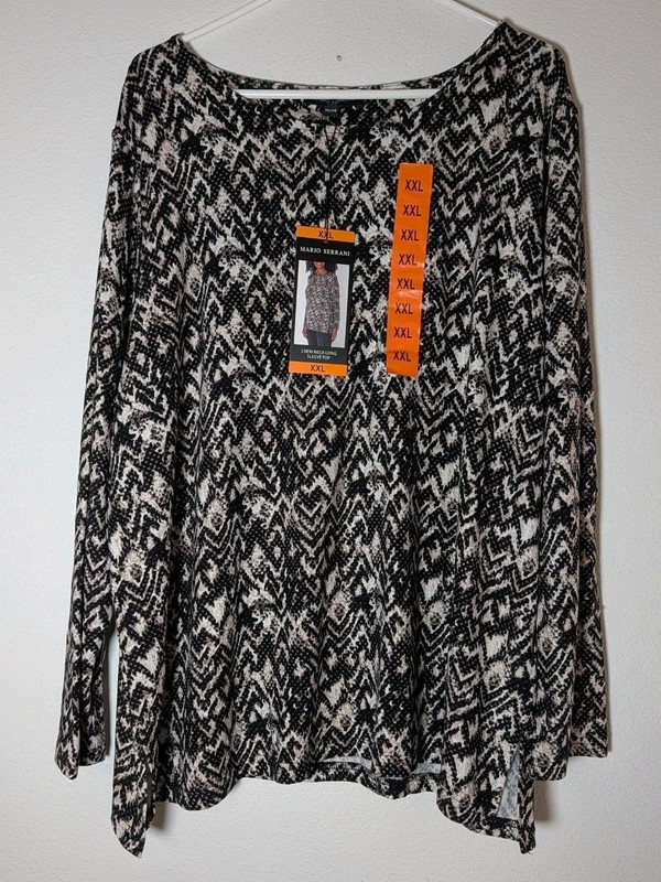 Brand New Mario Serrani Women's 2XL Crew Neck Long Sleeve Top Black & White NWT