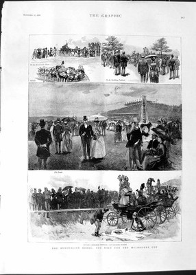 Alter antiker Druck 1888 Szene Australian Derby Pferderennen Melbourne Cup 19.