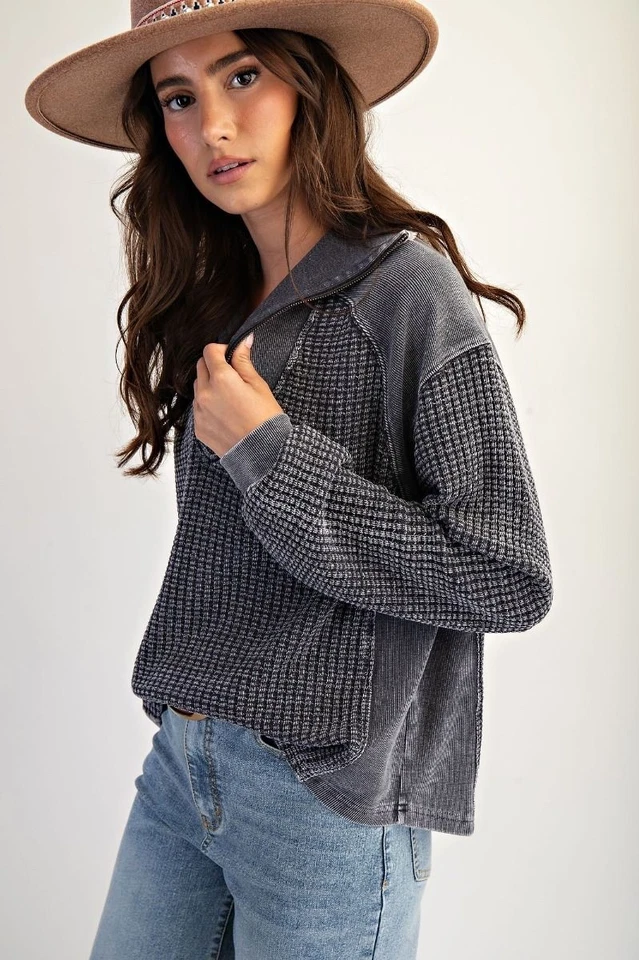 Easel Women's Thermal Waffle Knit Zip-Up Long Sleeve Washed Top in Ash Navy - Image 2 of 4