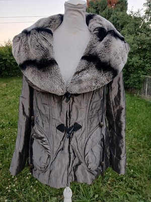 Vintage Belta Y2K Rex Rabbit Fur Coat L Metallic Pewter Statement Toggle Jacket
