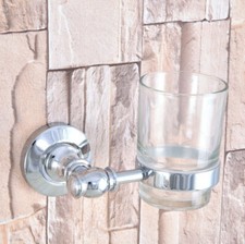 Chrome Brass Bathroom Wall Mounted Toothbrush Holder with One Glass Cup 2ba790
