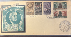 1946 WW2, Polish 2nd Corps Stamps, 4 Freedoms w/ Franklin Roosevelt Ovpt, FDC
