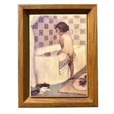VTG Bathroom Art Ceramic Tile Wood Frame Wall Decor Nostalgic 7 1/4x5.5