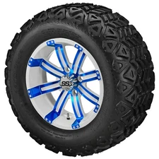 (4) Golf Cart 22x11-12 Black Trail A/T Tires on 12x7 White/Blue Tempest Wheels