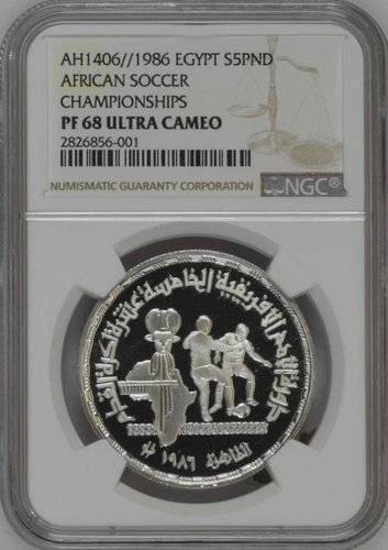 EGYPT , 5 POUNDS AFRICAN FOOTBALL CHAMPIONSHIP- CAIRO 1986  NGC PF 68 UC , RAREK