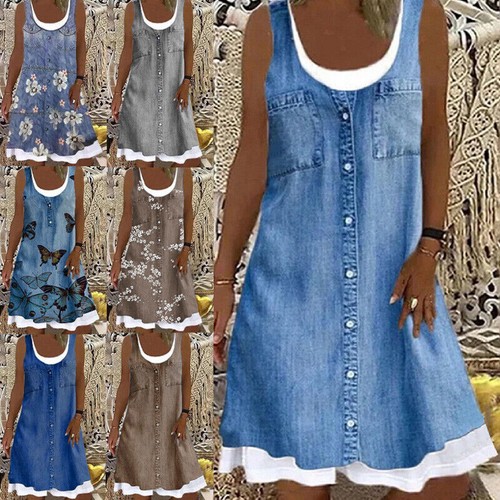 Plus Size Casual Womens Sleeveless Midi Dress Ladies Summer Beach Loose Sundress