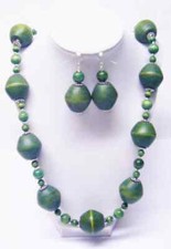 Chunky Green Bicone Wood Bead Necklace  Earrings Set