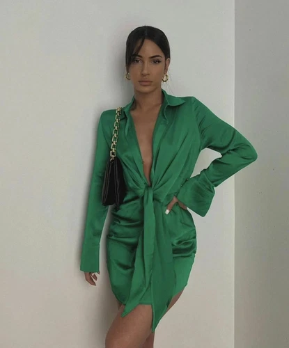 Vestido de satén de seda con cuello en V para mujer manga larga coleccionar cintura nudo lazo mini vestidos - Imagen 5 de 40