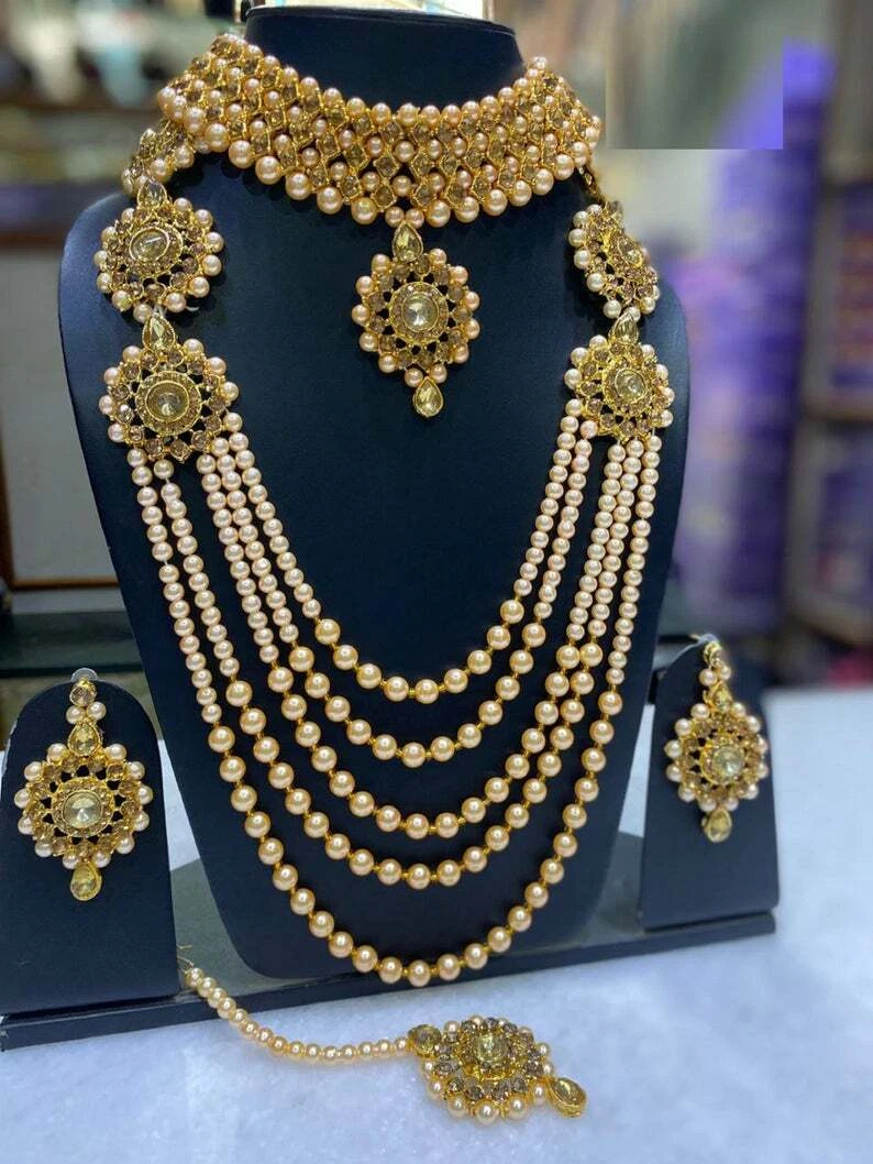 Indian Bridal Gold tone Pearl Chain Necklace Gold Plated Bollywood  Jewellery Set