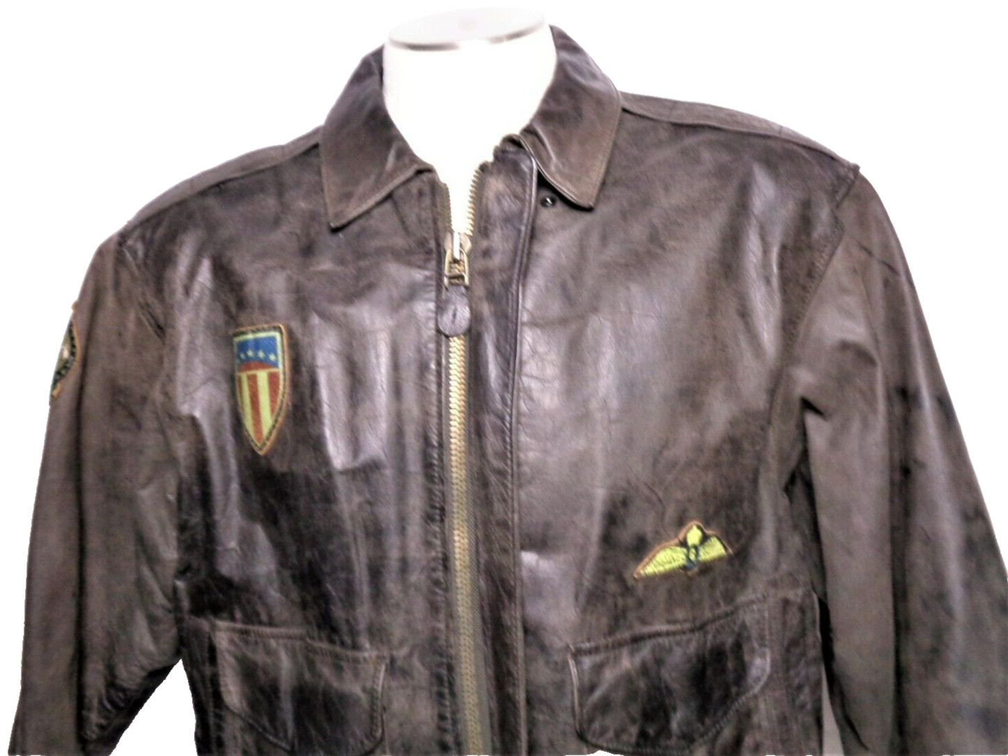 Mens Decorated Leather Jacket Global Identity Brown Airforce Bomber Sz Large VTG image 3