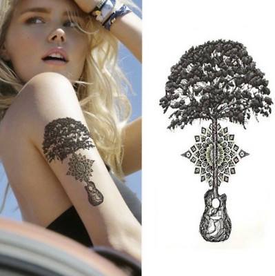 Temporäres Tattoo Baum Gitarre Muster Wasserfest Einmal Blumen Schwarz Black