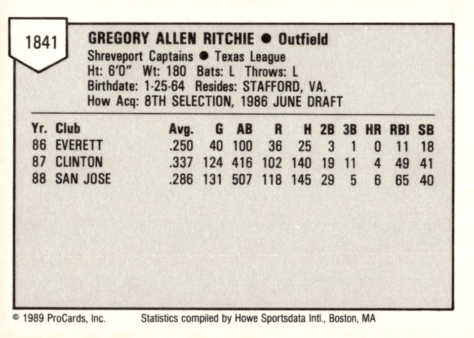 1989 ProCards Shreveport Captains GREGG RITCHIE RC GIANTS WASHINGTON DC - Image 2 of 2