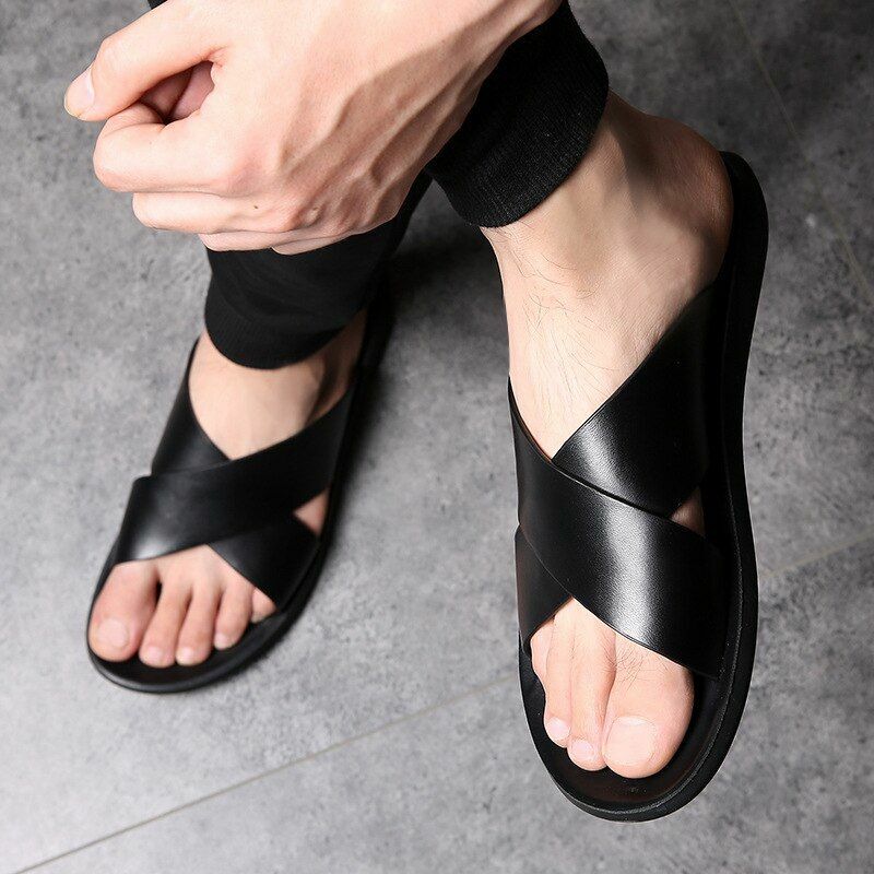 Mens Leather House Slippers Summer Soft Sole Outdoor Indoor Flip Flops  Sandals | eBay