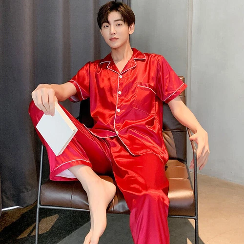 Men Pajamas Set Satin Top Pants Sleepwear Loungewear Indoor Home Casual Daily - Picture 9 of 11