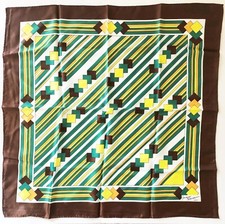 Vintage 26.5"x26.5" Brown Green Yellow Acetate Jacque Rousseau Paris Scarf Japan