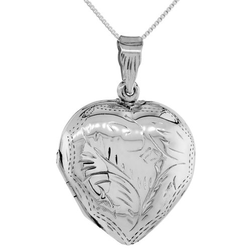 Sterling Silver Hand Engraved Heart Locket Pendant, 18" Italian Box Chain - Picture 1 of 2