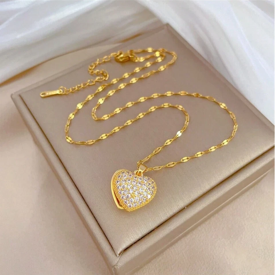 Mujer Collares Medallón Corazón Colgante Chapado en Oro Acero Inoxidable Cuentas Joyería Foto 3 de 4