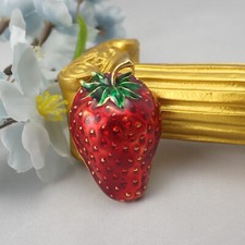 Vintage Red Enamel Gold Tone Domed Strawberry Pin Brooch