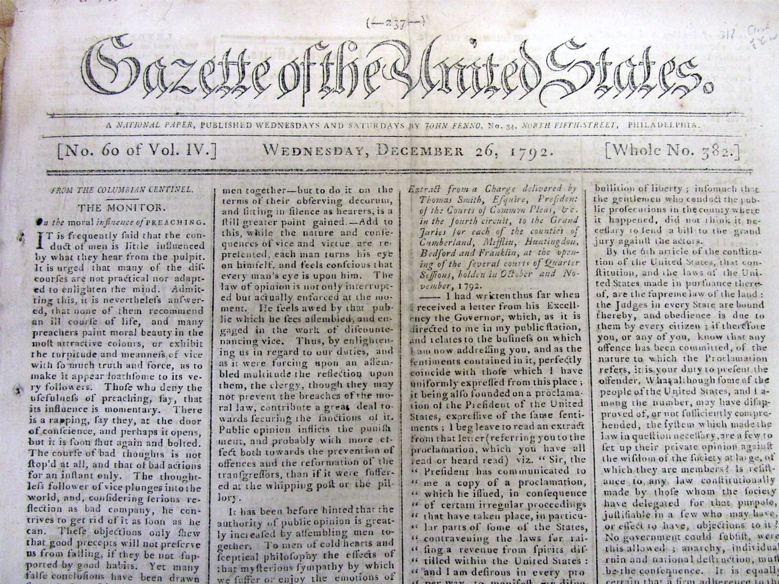 1792 Philadelphia PA newspaper GEORGE WASHINGTON is ELECTED PRESIDENT of the US