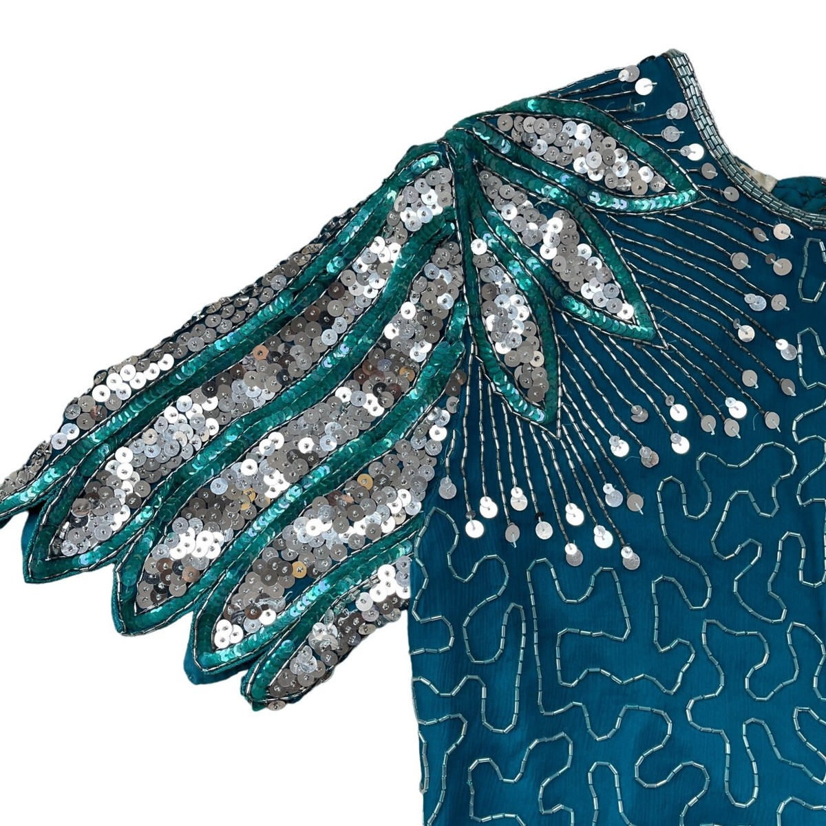 Laurence Kazar Dress Sequin Sleeves Heavily Beaded Open Back Laurence Kazar Dress Sequin Sleeves Heavily Beaded Open Back