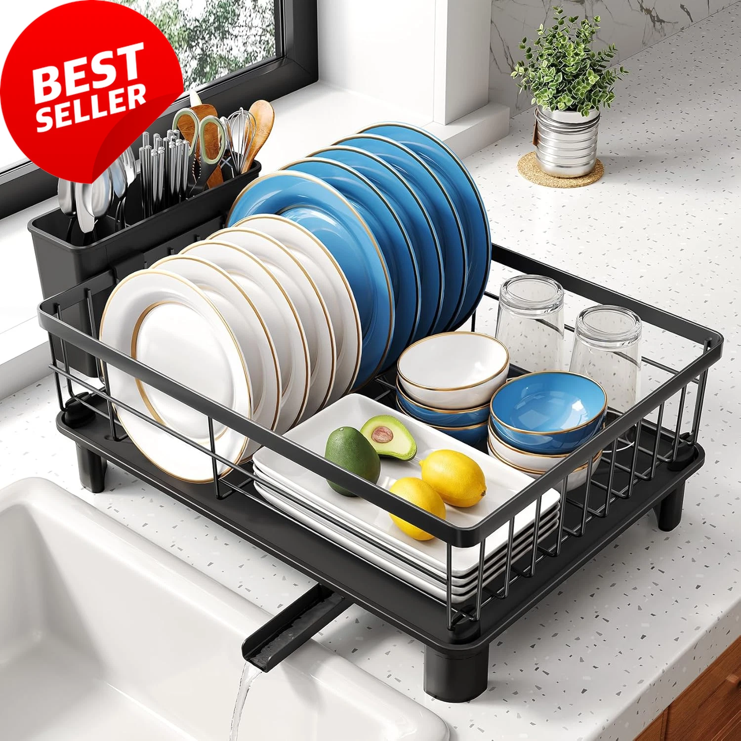 Dish Drying Rack Stainless Steel Drainboard Utensil Holder Black