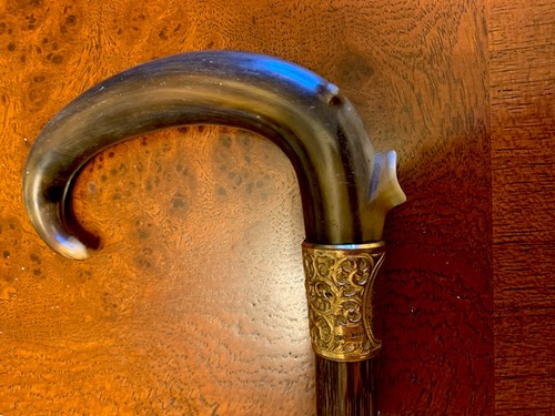 Edwardianischer Horngriff Silber graviert Halsband & dunkles Holz Gehstock Stock 1910 - Bild 3 von 5