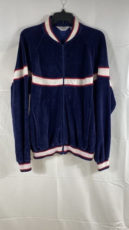 Vintage 80s Christian Dior Monsieur Men's Navy Velour Zip Track Jacket Sz L