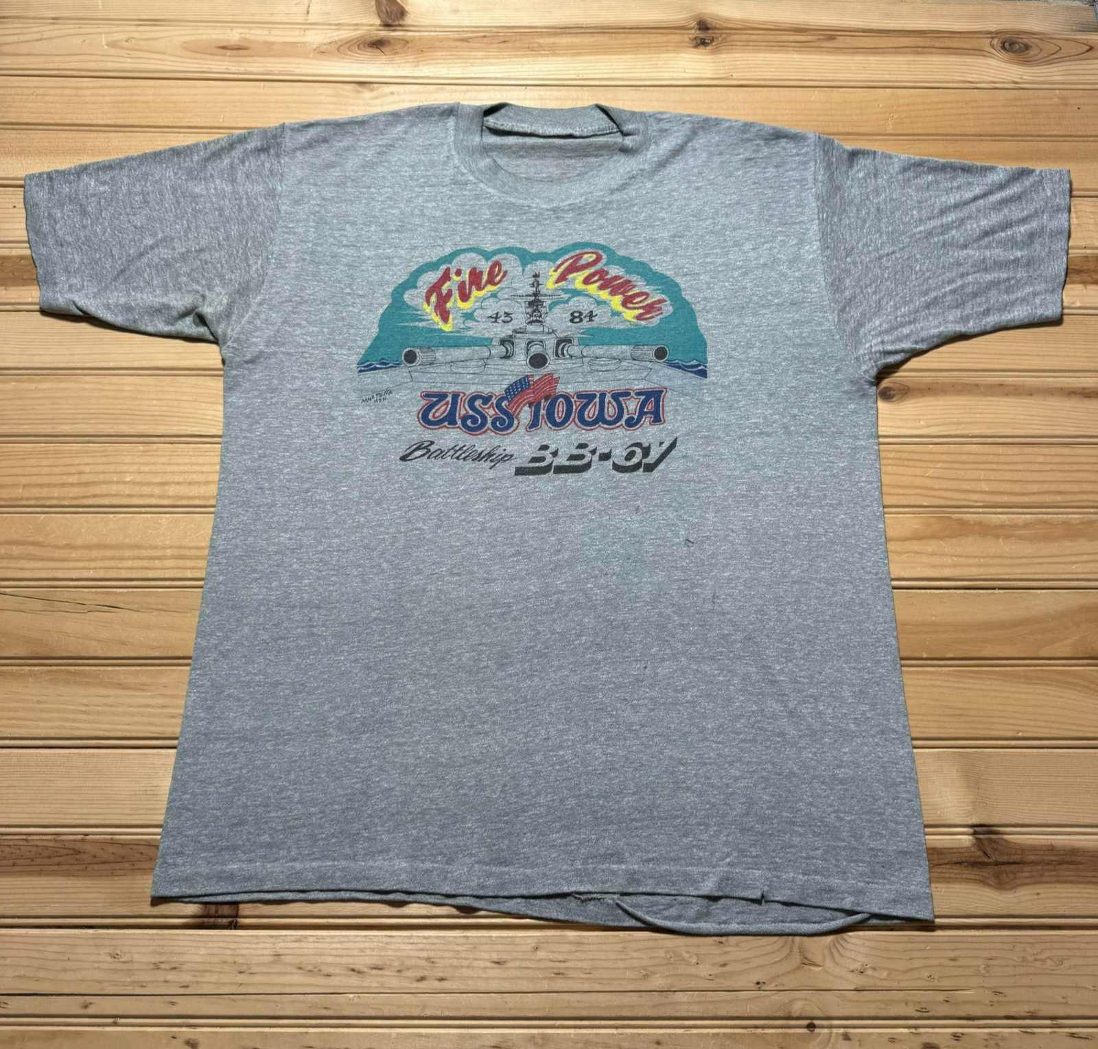 Vintage 80s USS IOWA Battleship BB-61 Fire Power Navy Ship Heather Shirt - Large