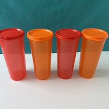 Tupperware Tumblers Straight Side Cups Red Orange Matching Seals 16oz Set of 4