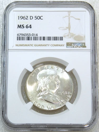 1962-D Franklin Half Dollar NGC MS64 90% FBL Frosty Just Graded New Holder W274F