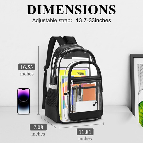 Transparenter Rucksack Transparent Durchsichtig Schule Robust Büchertasche (Schwarz) - Bild 2 von 7