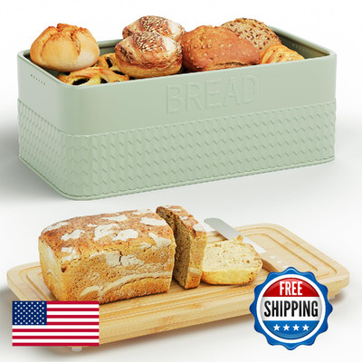 Metal Bread Box w/ Bamboo Lid & Cutting Board + Bread Knife - Kitchen Countertop