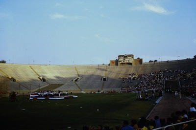 c1970's Kodachrome 35mm Slide, College Football Stadium Scoreboard Crowd mid