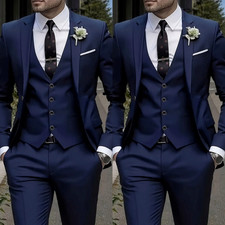 Navy Blue Men Suits for Wedding Formal Jacket Vest Groomman Notch Lapel 3Pcs