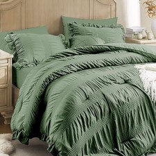 Comforter Set Seersucker 7 Pieces Luxury Ruffle Bed in a Bag Size Queen Green