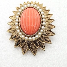 BEAUTIFUL VTG EMMONS GOLD TONE SUNFLOWER BROOCH WITH FAUX PEARLS & BEAD CABOCHON