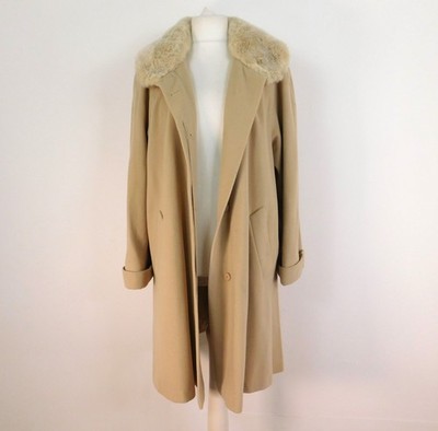 Vintage Goldix beige Wolle Kaschmir Mantel Gr. 12/14 Kunstfellkragen mittellang
