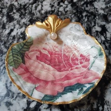 Sea Shell Decor Decoupage Trinket Jewelry Dish  Floral pink