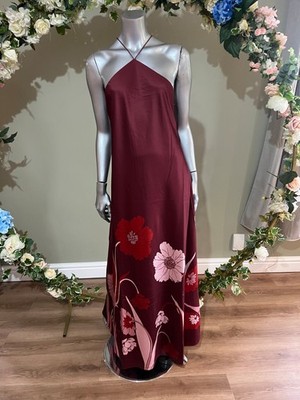 Ted Baker Maxikleid Damen TB2 UK 10 dunkelrot Blumenmuster Neckholder Satin NEU