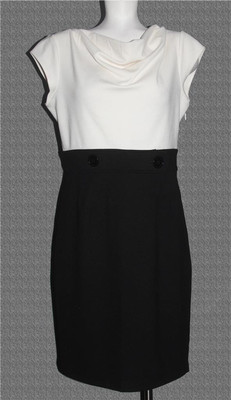 Spense Cap Sleeves Waterfall Neck Black Off-White Colorblock Dress Wm's 10 NWT