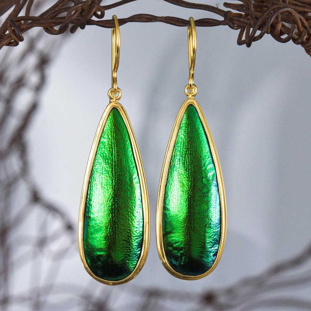 Handmade Green Jewel Beetle Wing Earrings in Gold Vermeil Sterling Silver 6.48g-image