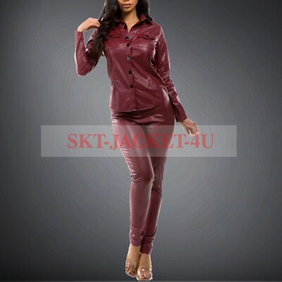 Women's Genuine Lambskin Burgundy Leather Front Pocket Awesome Style Pant Shirt
