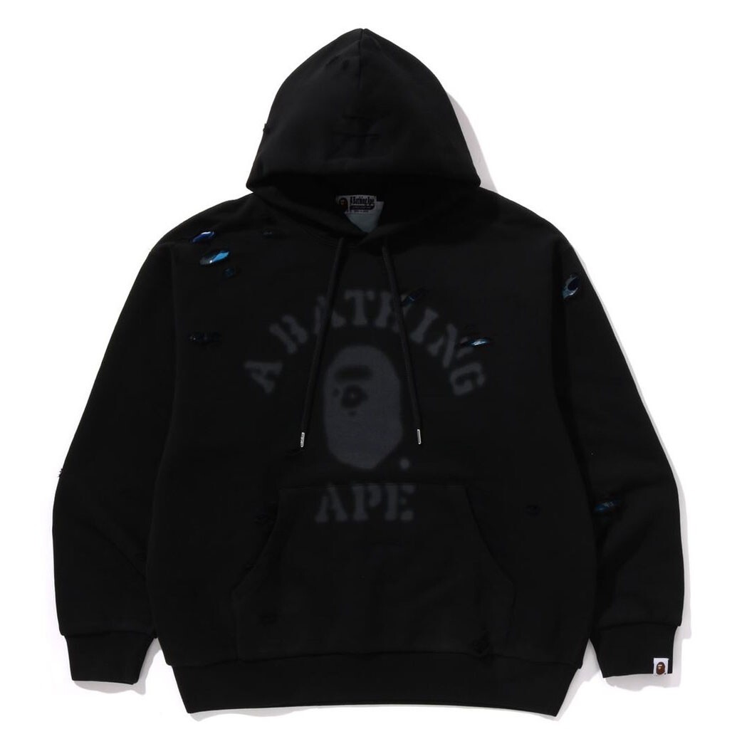 A BATHNIG APE Men's DESTROYED COLLEGE RELAXED FIT LAYERED
