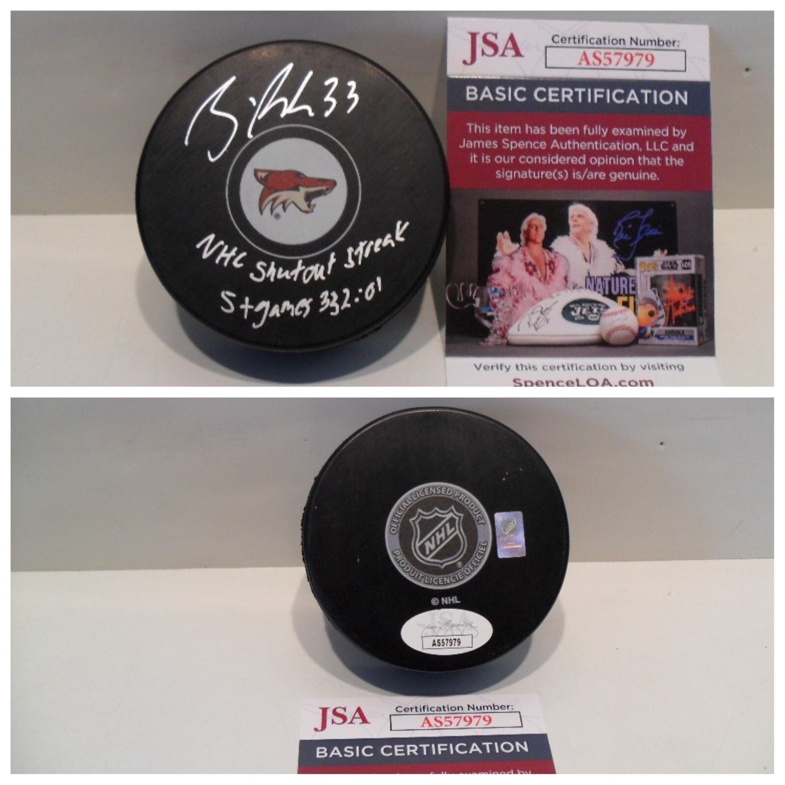 Brian Boucher Autographed Signed Phoenix Coyotes Puck Inscribed NHL Shutout Streak JSA COA 