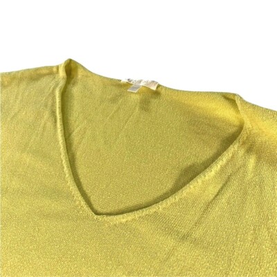 Lisa Todd Womens V-Neck Sweater Cotton Green w/ Polka Dot Sleeve Petite Large PL