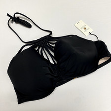 NWT Shade  Shore Women's Summer Macrame High Neck Halter Bikini Top Black 38C