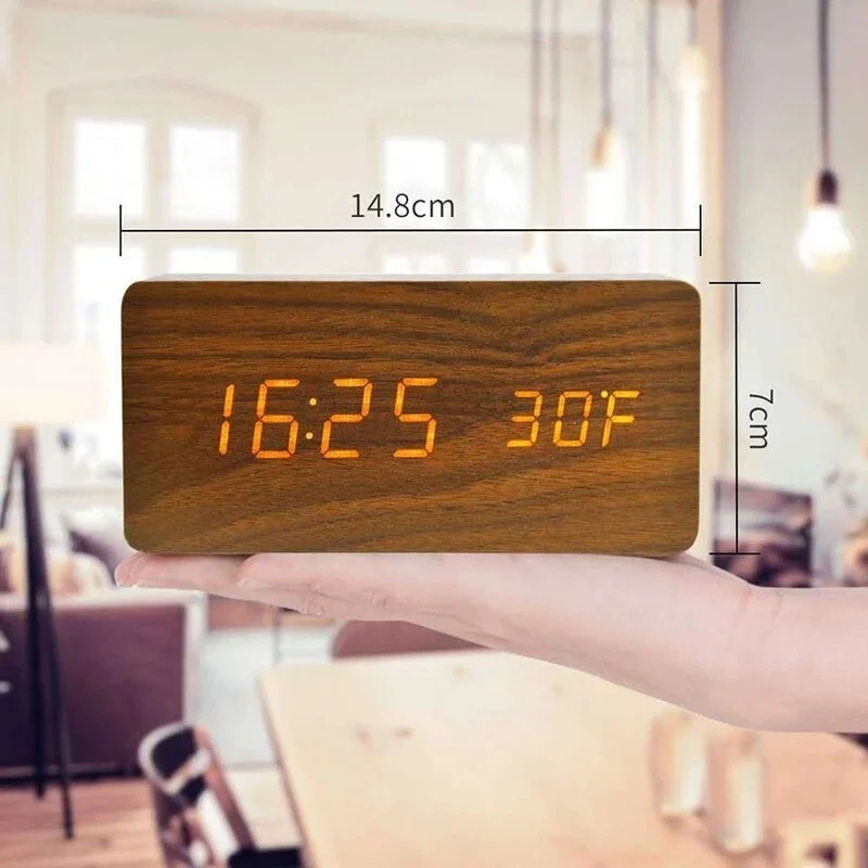 Wooden Digital LED Alarm Clock Temperature Display Desk Bedside Office Clock - Bild 3 von 4
