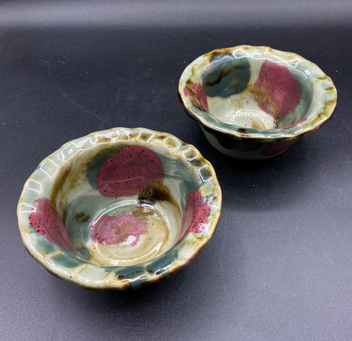 DK Clay 1996 Trinket Dish Salsa Dipping Sauce Bowl Pottery Drip Glaze Lot 2 B